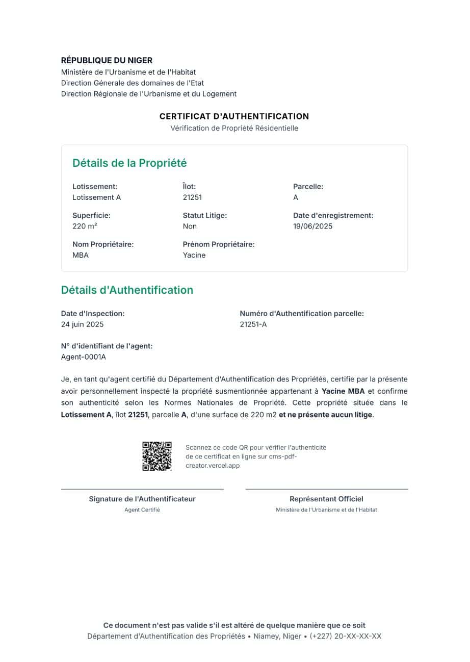 Exemple de document de certification ou d'attestation foncière numérisé