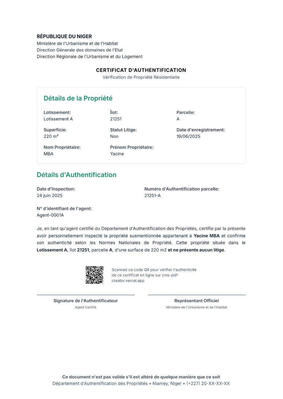 Exemple de document de certification ou d'attestation foncière numérisé