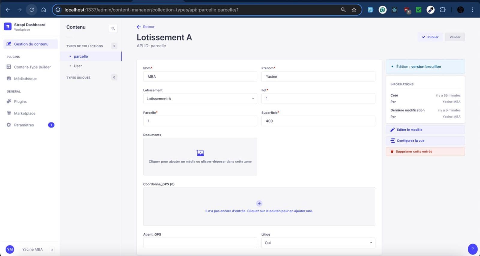 Interface d'administration de Strapi pour les données cadastrales